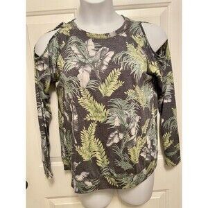Green Envelope Large Long Sleeve Top Gray Green Tropical Leaf Print Shirt Womens